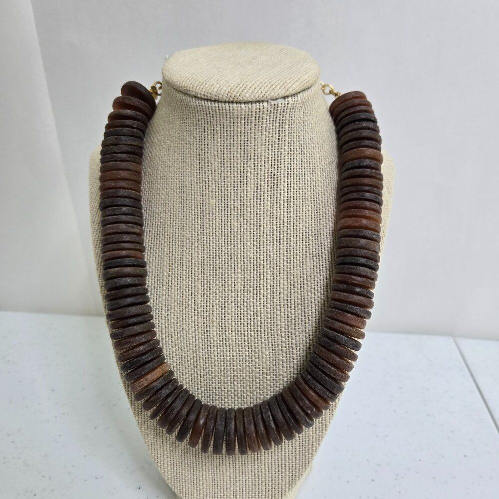 Vintage Kenneth Jay Lane KJL Resin Disc Necklace Brown Chunky Tribal Boho
